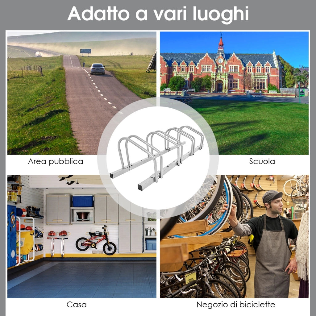 Rastrelliera per biciclette in telaio d'acciaio, Portabiciclette Parcheggio per 4 bici, Argento-Ciclismo