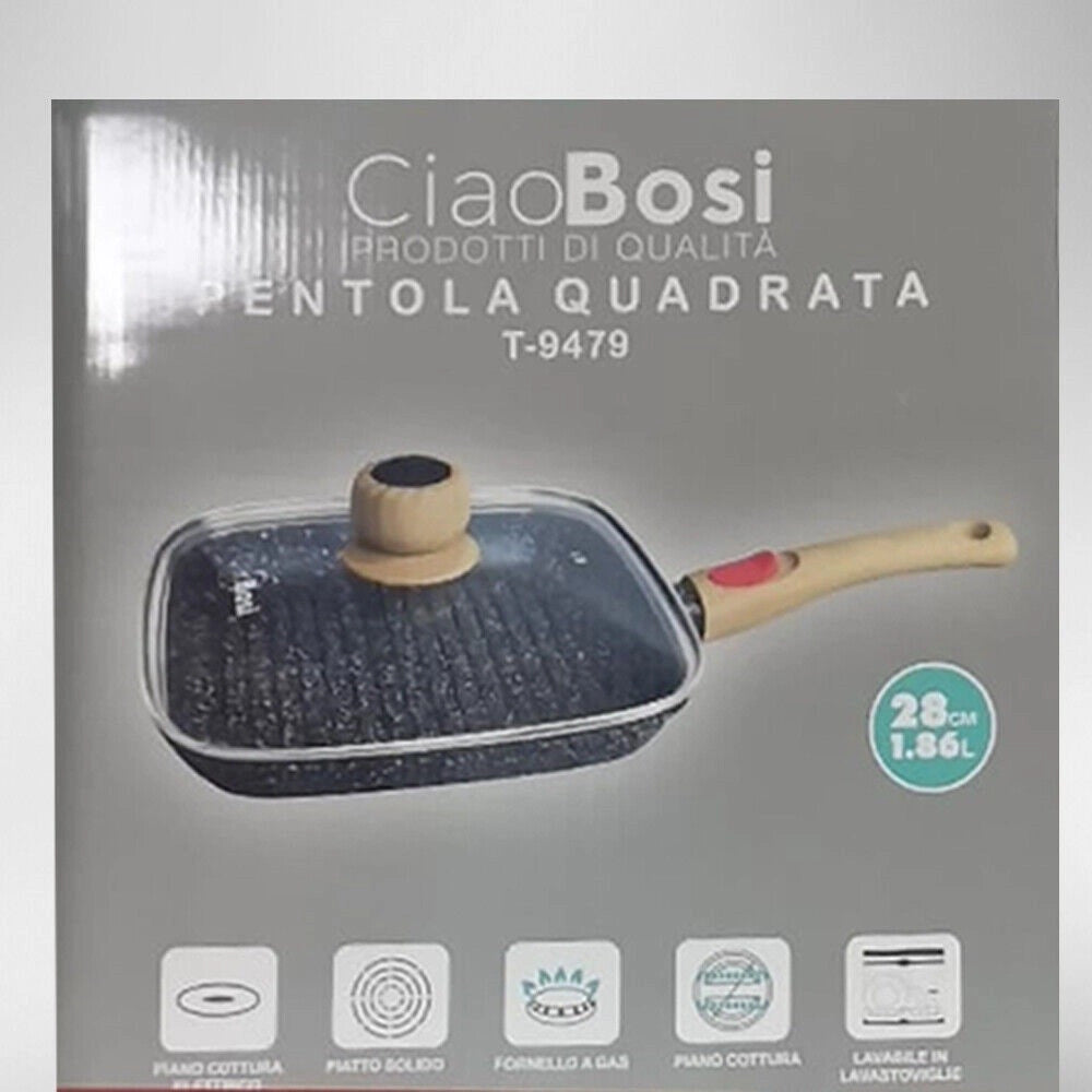 Trade Shop - Padella Quadrata Con Manico Coperchio 28cm 1,86lt Per Piano Cottura Alimenti T-9479 -