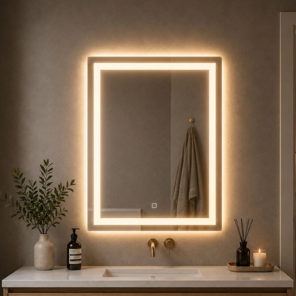 Specchio da bagno ed ambienti rettangolare con cornice led e interruttore touch *** misure 70x90 cm, tonalità standa...