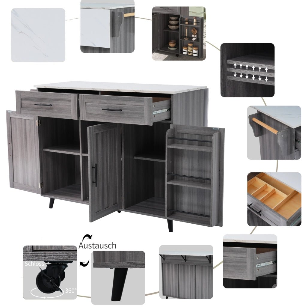 Carrello da cucina estensibile con ruote e vani, grigio/bianco