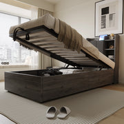 DESMIU Letto singolo 90 × 200 cm con contenitore idraulico, USB e Type-C, testiera con vani, senza materasso, in MDF, grigio