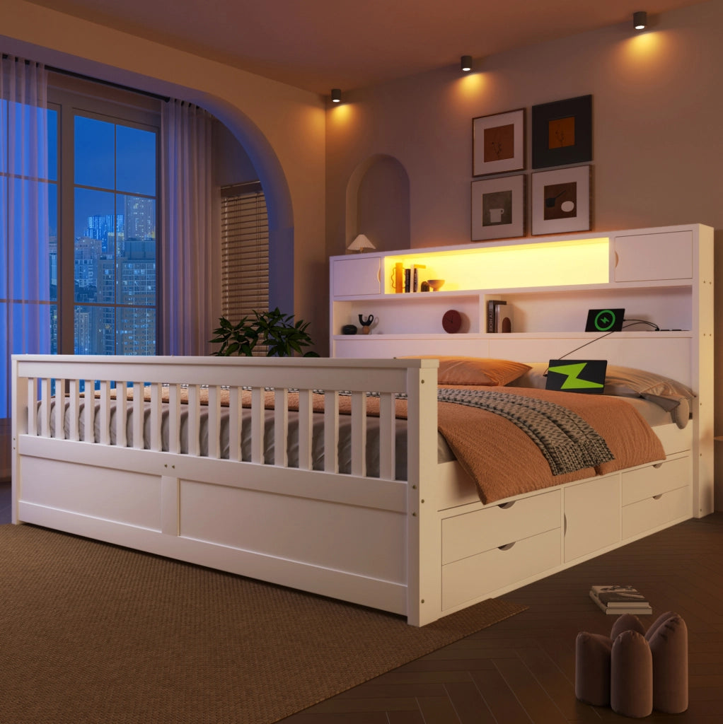 Letto matrimoniale 180x200 cm con testiera a libreria; LED e 4 cassetti in MDF e compensato; bianco