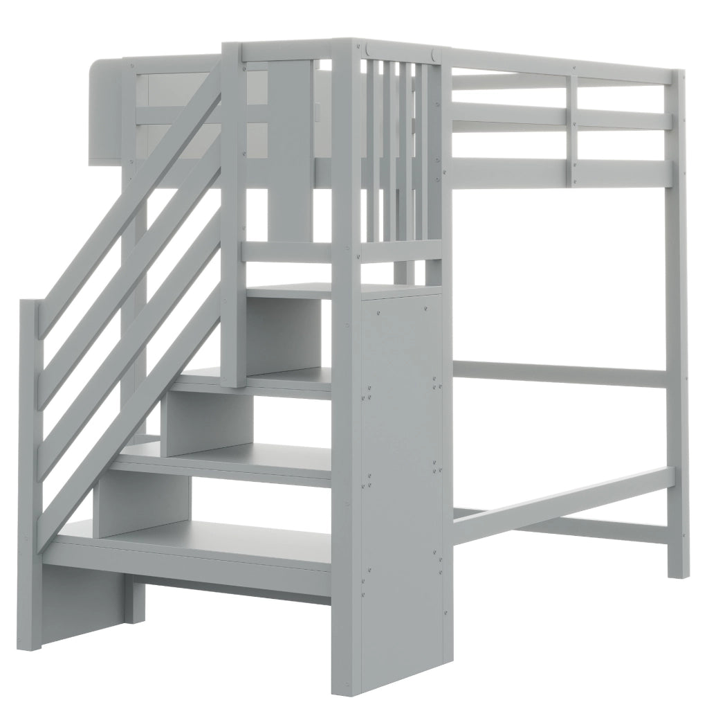 Letto a soppalco 90x200 cm con LED, ripiani e scala in pino, compensato e MDF grigio