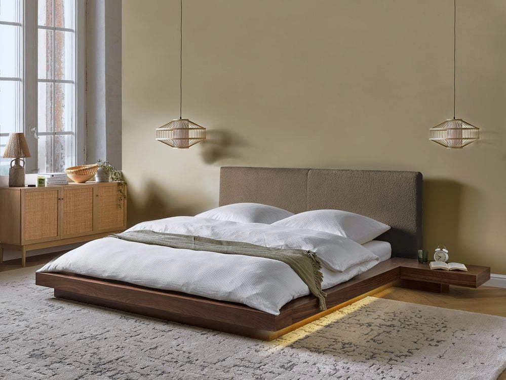Letto matrimoniale LED con comodini e testata bouclé tortora in frassino 160 x 200 cm stile giapponese