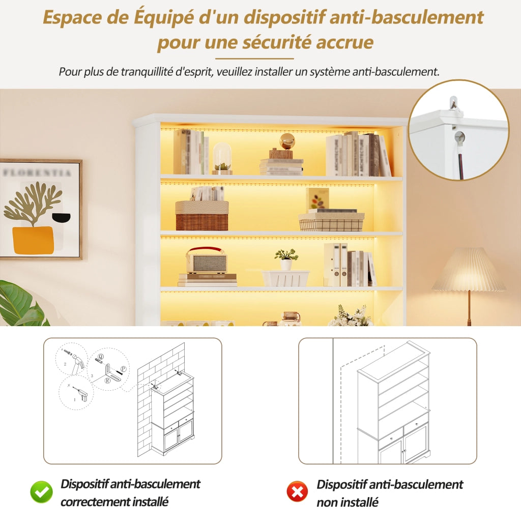 Vetrina con LED, 2 ante, 2 cassetti e 7 vani per soggiorno, in truciolare bianco, 100 × 38 × 170 cm