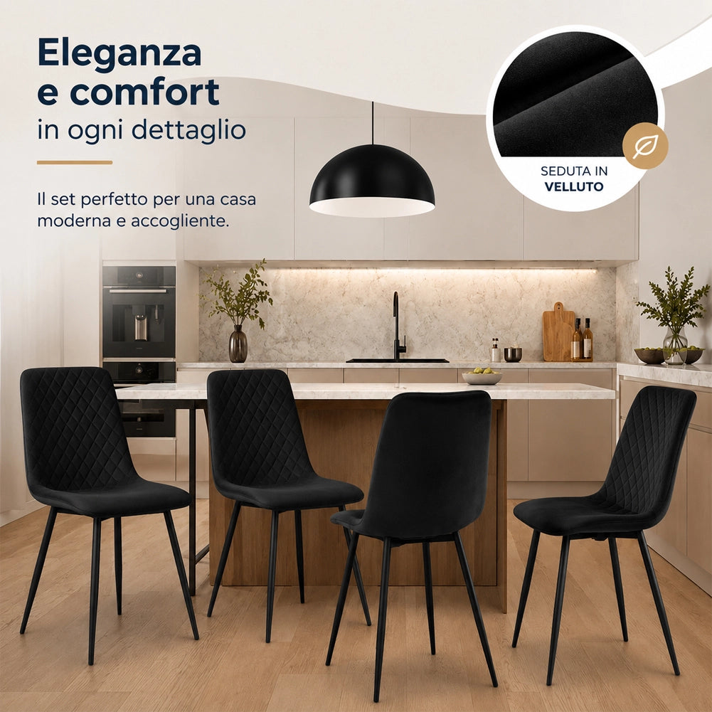 Set 4 Sedie Nero con Rivestimento in Velluto e Piedi Neri Seduta Ergonomica