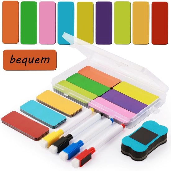 Etichette magnetiche descrittrici 72 pezzi, 80x30mm, descrittive strisce magnetiche colorate, fornite con quattro pennarelli colorati e un pennello per lavagna