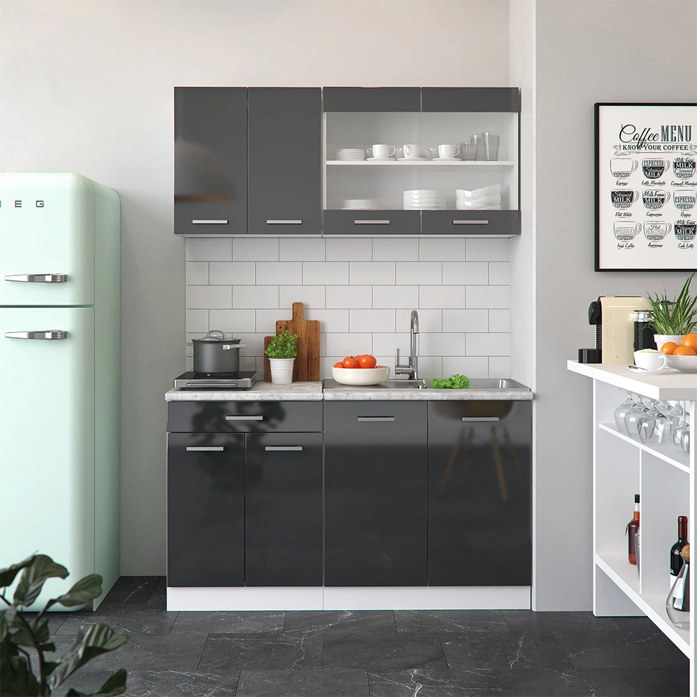 Vicco Cucina monoblocco Antracite lucido/bianco 140 cm , PL Marmo