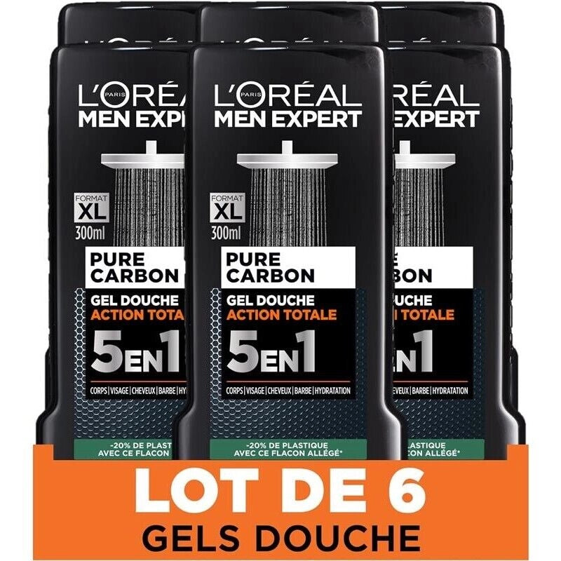 L'OREAL PARIS SET 6 PZ MEN EXPERT GEL PER DOCCIA DA 300ML TOTAL CLEAN AL CARBONE