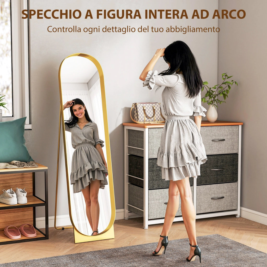 Specchio a Figura Intera Autoportante o da Parete 40x6x150 cm con Telaio in Metallo Oro
