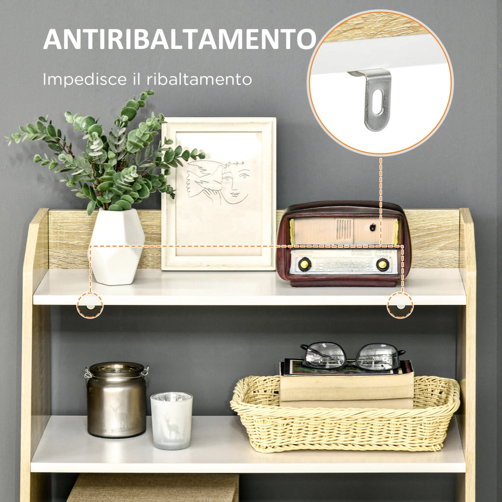 Mobile da Salotto con Scaffale Aperto a 2 Livelli e Armadietto a 2 Ante. in Truciolato e Legno di Pino. 58x30x93 cm