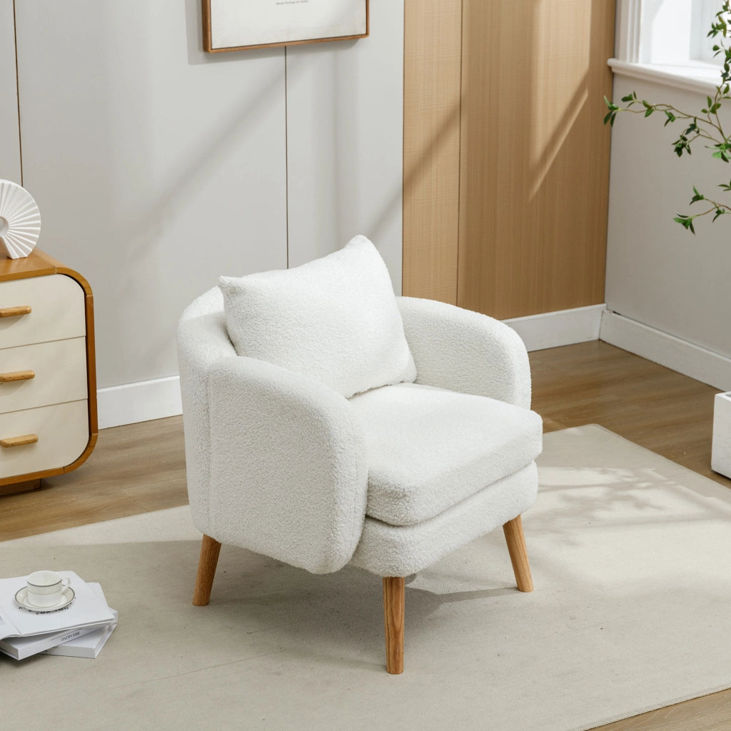 Poltrona in tessuto teddy con cuscino lombare e seduta da 14 cm, struttura in legno massello bianco 71 × 72 × 71 cm
