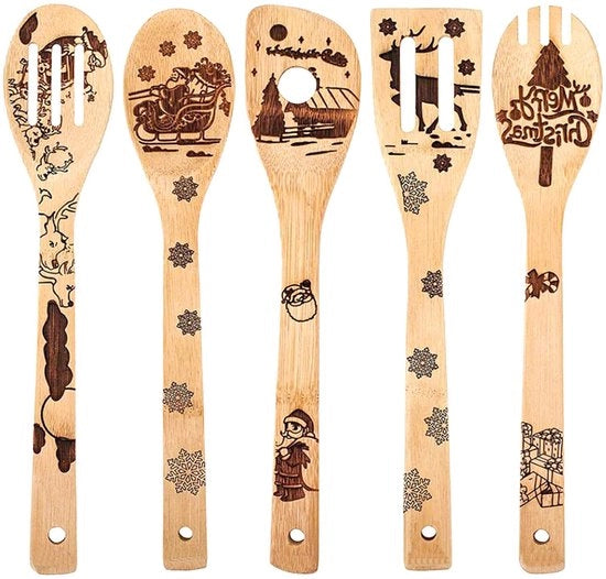 Set di Spatole in Bambù da 5 pezzi - Accessori da Cucina in Legno - Accessori da Cucina - Assistenza Cucina - Ergonomico - Facile da Pulire