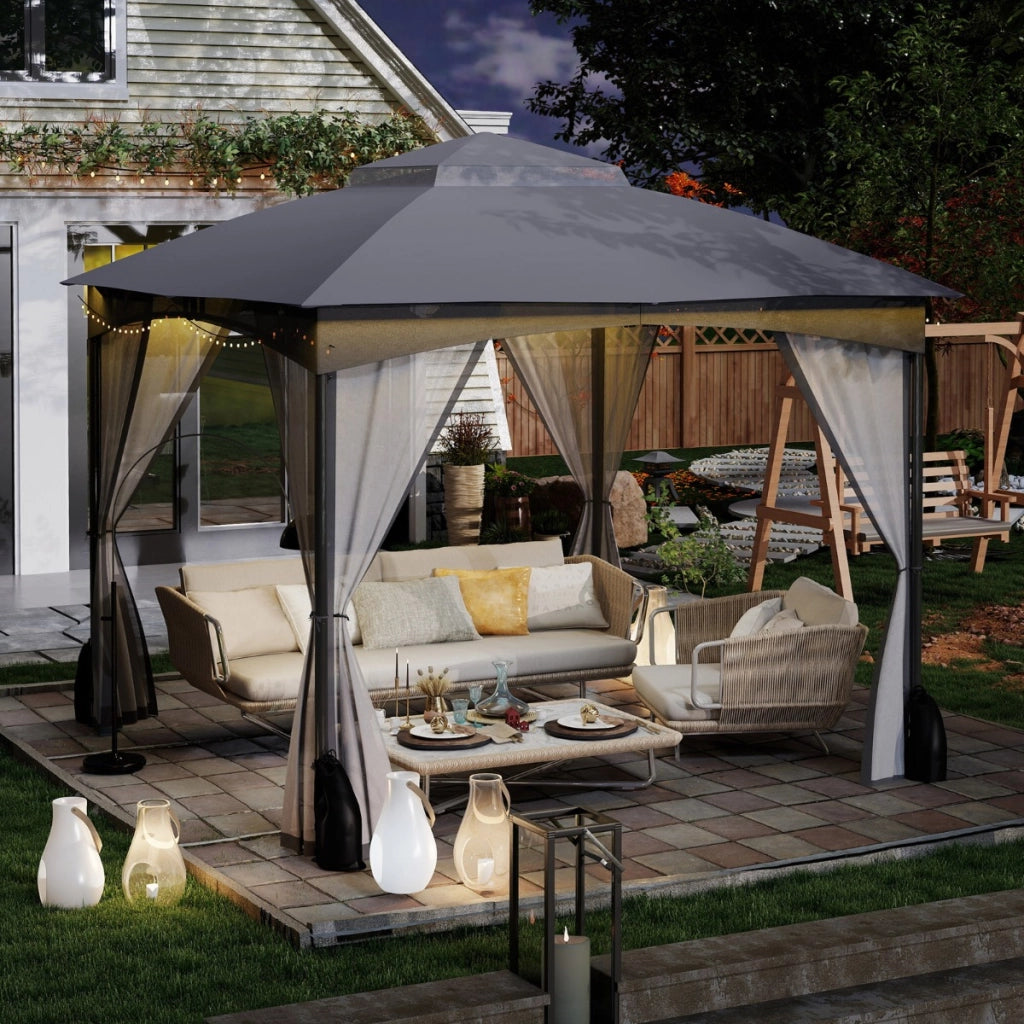 Tetto morbido a doppio strato con 4 sacchi di sabbia con cerniera, Gazebo da patio 3x3 M con pareti in rete Grigio-Gazebo