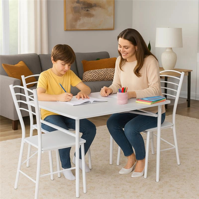 SET EASY CON TAVOLO E 4 SEDIE PIEGHEVOLI COLORE BIANCO, STRUTTURA IN METALLO E SEDUTA IN LEGNO