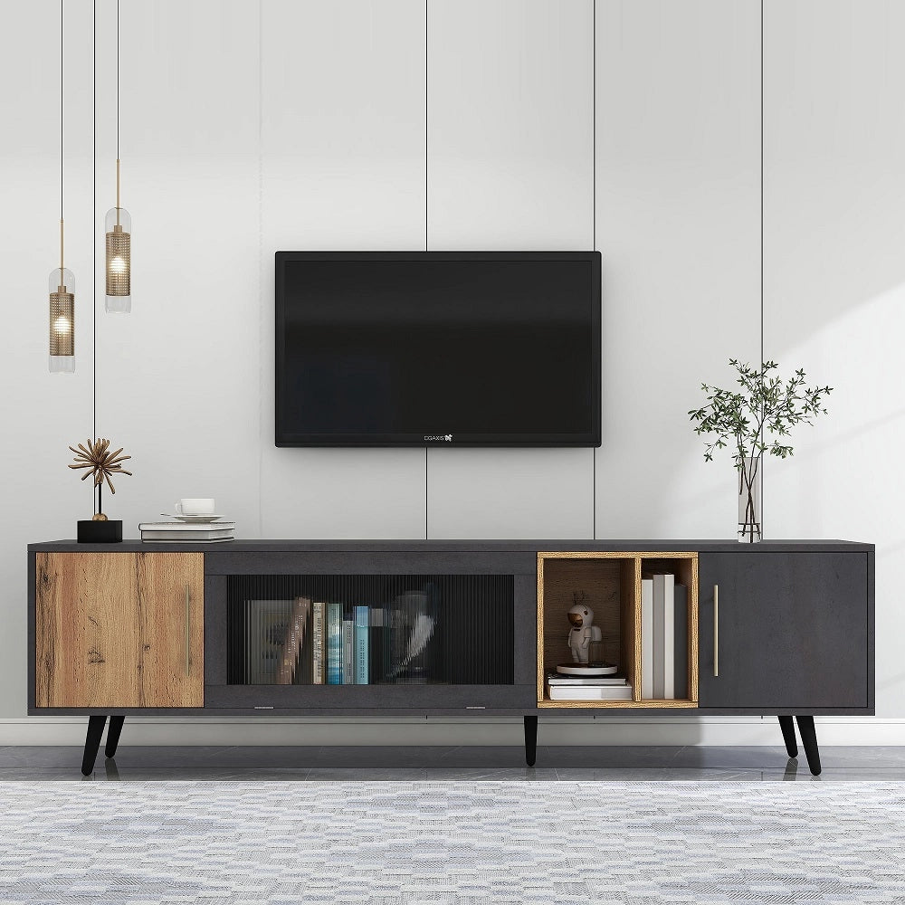 Meuble TV Commode - Xylo - Bois fonc?? veines naturelles, pour t??l??viseur 90 pouces, ??l??gant gris