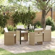 Set da Pranzo da Giardino 5 Pezzi con Cuscini Beige in Rattan Polimerico