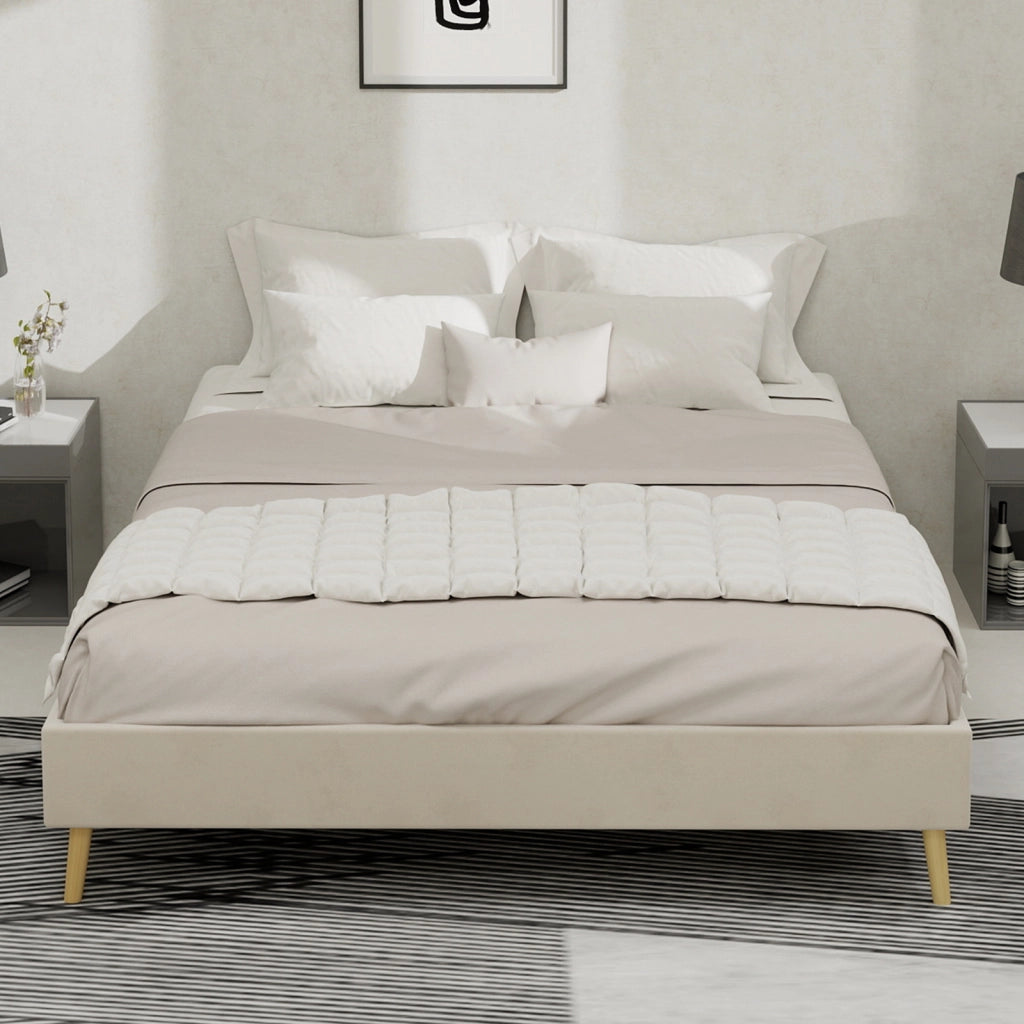 Letto singolo 140 × 200 cm con base ribassata, struttura stabile, senza materasso, in tessuto e metallo, beige