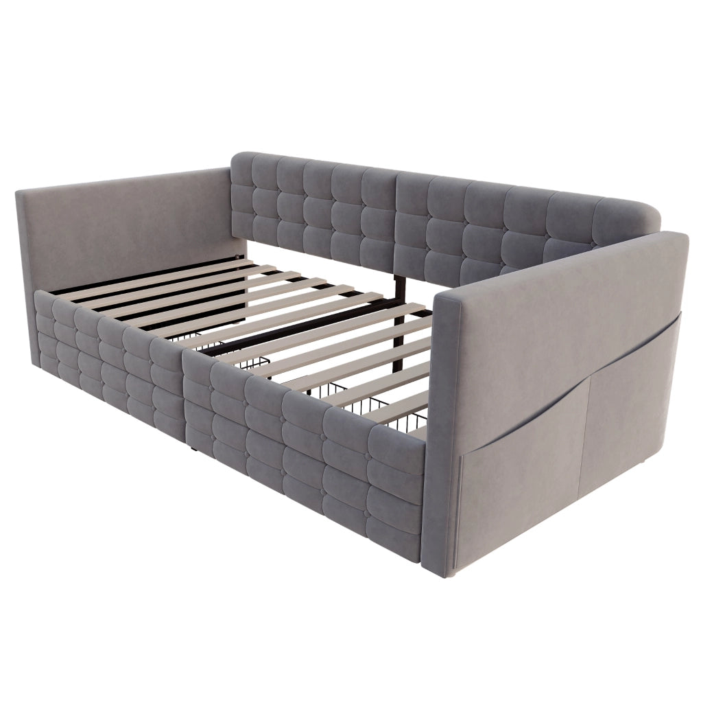 Letto imbottito 90x190 cm con 2 cassetti e tasche laterali in velluto grigio