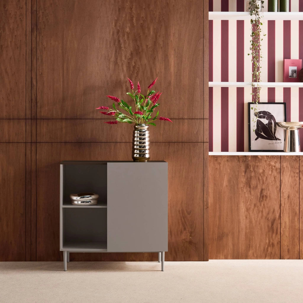 Credenza in metallo e decorazione in legno 1 anta, 80cm, grigio