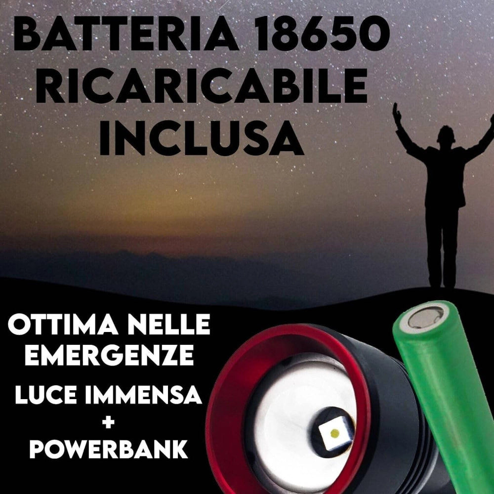 Trade Shop - Torcia A Led Professionale Ricaricabile Potente Luce Zoom Fino A 500mt Powerbank -