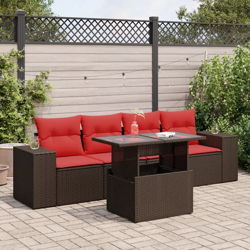 Set Divano da Giardino 5 pz Cuscini Marrone Polyrattan e Acacia