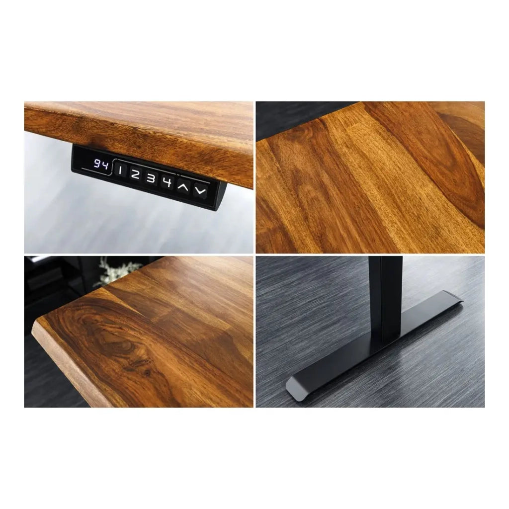 Scrivania elettrica di alta gamma ARKAYA 160 cm in Sheesham massiccio con bordo naturale smussato – Altezza regolabile