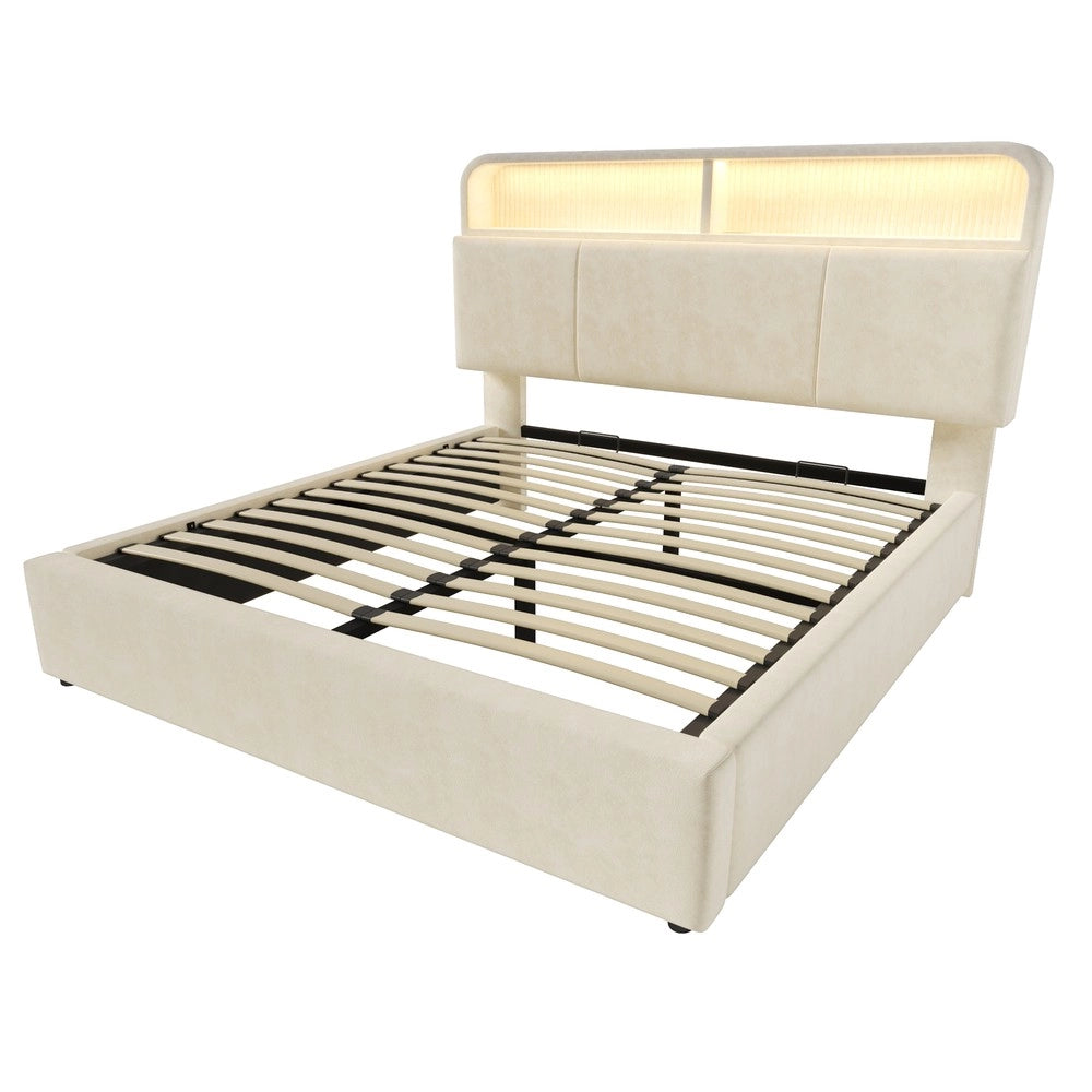 Letto Imbottito Matrimoniale con Testiera Contenitore Idraulica, LED e USB ¨C MINIMAL ¨C Velluto Beige 160x200