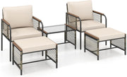 Set Salotto da Giardino Esterno 5 Pezzi con Cuscini, Mobili da Giardino in Rattan con 1 Tavolino in Vetro Temperato, 2 Sedie e 2 Ottomani, per Balcone, Terrazza, Patio (Beige)