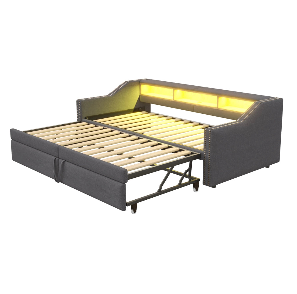 Divano letto 90/180 x 200 cm grigio scuro in lino con contenitore e USB