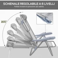 Set 2 Sedie da Campeggio Pieghevoli e Reclinabili su 6 Livelli, in Alluminio e Schiuma, 62x65x80 cm, Grigio Chiaro