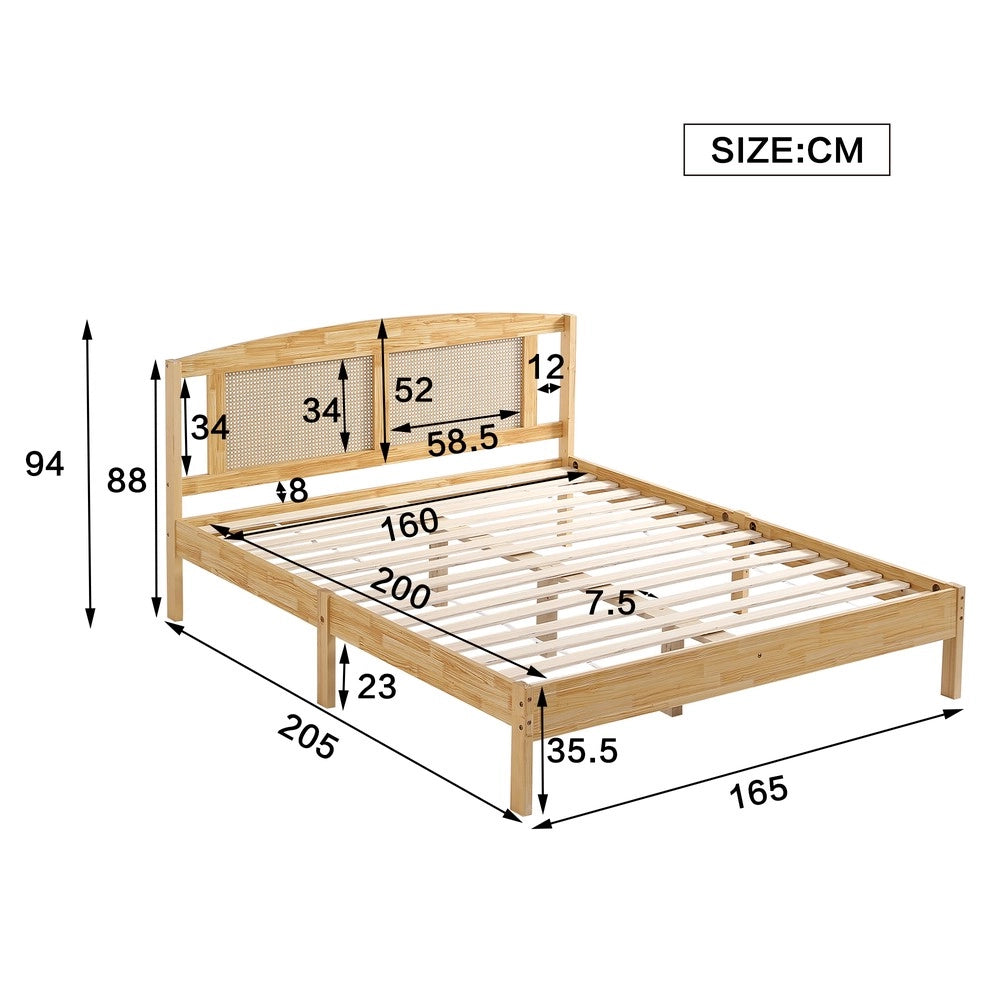 Letto Matrimoniale in Legno di Pino e Rattan ¨C MINIMAL ¨C 160x200, Naturale, 15 Doghe