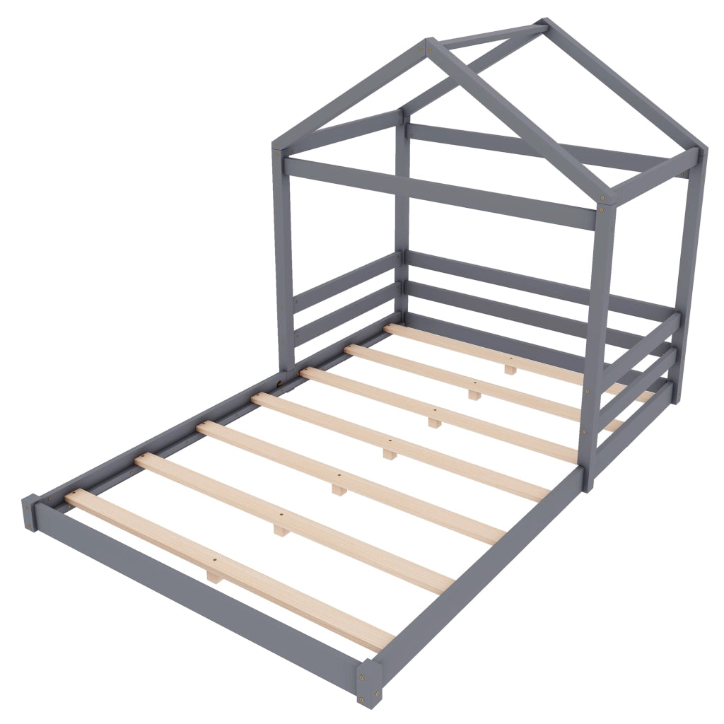 Letto a casetta per bambini 140x200 cm in pino e MDF con rete a doghe, grigio