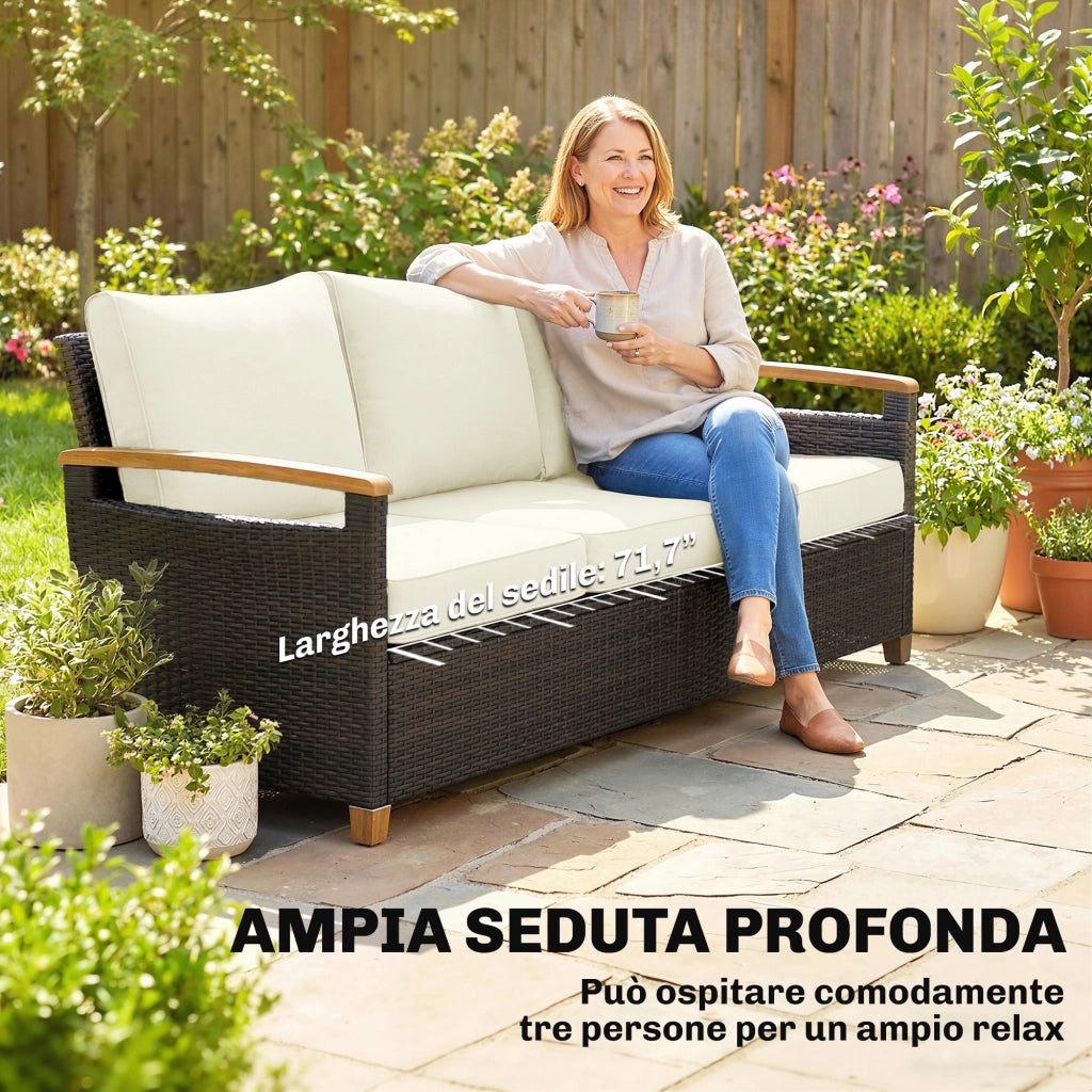 Divano da Esterno 3 Posti in Rattan PE ¨C zephmum ¨C Marrone, Crema, con Cuscini