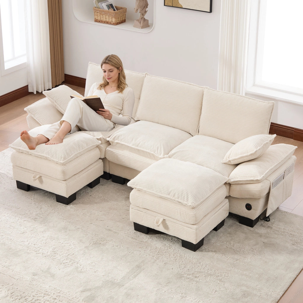Divano 3 Posti con 2 Poggiapiedi in Velluto a Coste ¨C MINIMAL ¨C Beige, Imbottito, con USB-C e Tasche Laterali