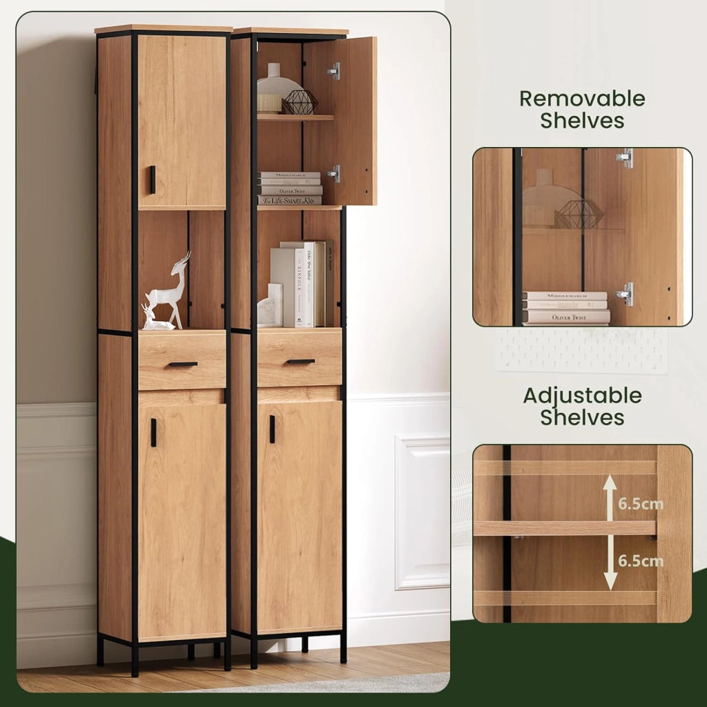 Mobile da Bagno Alto Con 2 Ante e 1 Cassetto, Piedini Regolabili e Ripiani, Per Bagno o Cucina, Stretto 30x30x180 cm, Rovere Chiaro+Nero