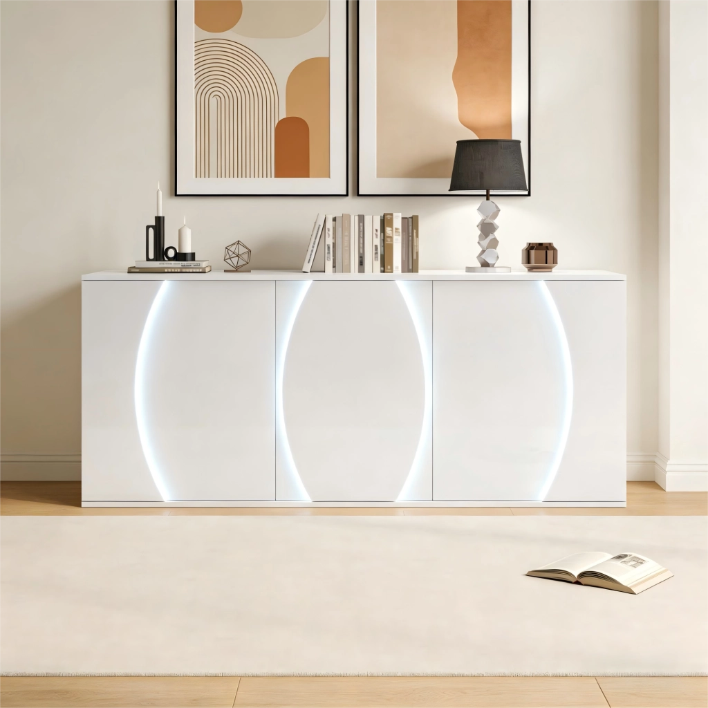 Credenza Soggiorno con LED ¨C Xylo ¨C Bianco Lucido, Truciolato, 150x40x70 cm