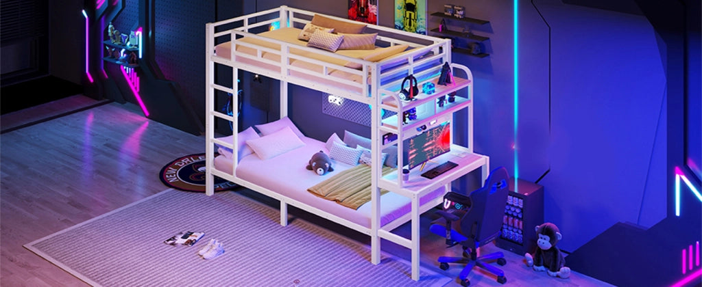 Letto a castello 90 × 200 cm con scrivania, ripiani, LED, USB, barriere di sicurezza, senza materasso, bianco