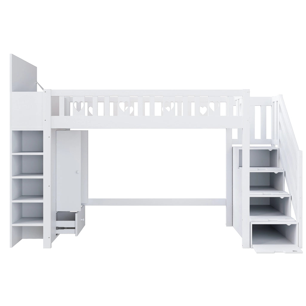 Letto a soppalco singolo 90×200 cm con scala contenitore; ripiani e armadio pieghevole; senza materasso; bianco