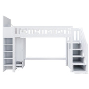 Letto a soppalco singolo 90×200 cm con scala contenitore; ripiani e armadio pieghevole; senza materasso; bianco
