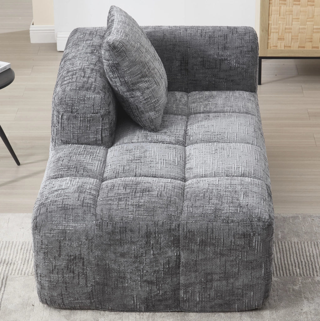 Divano chaise longue in ciniglia grigio con cuscino e tasche laterali per relax confortevole