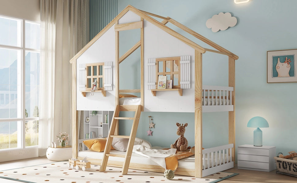 letto a castello in legno massiccio e mdf bianco naturale 90x200 cm