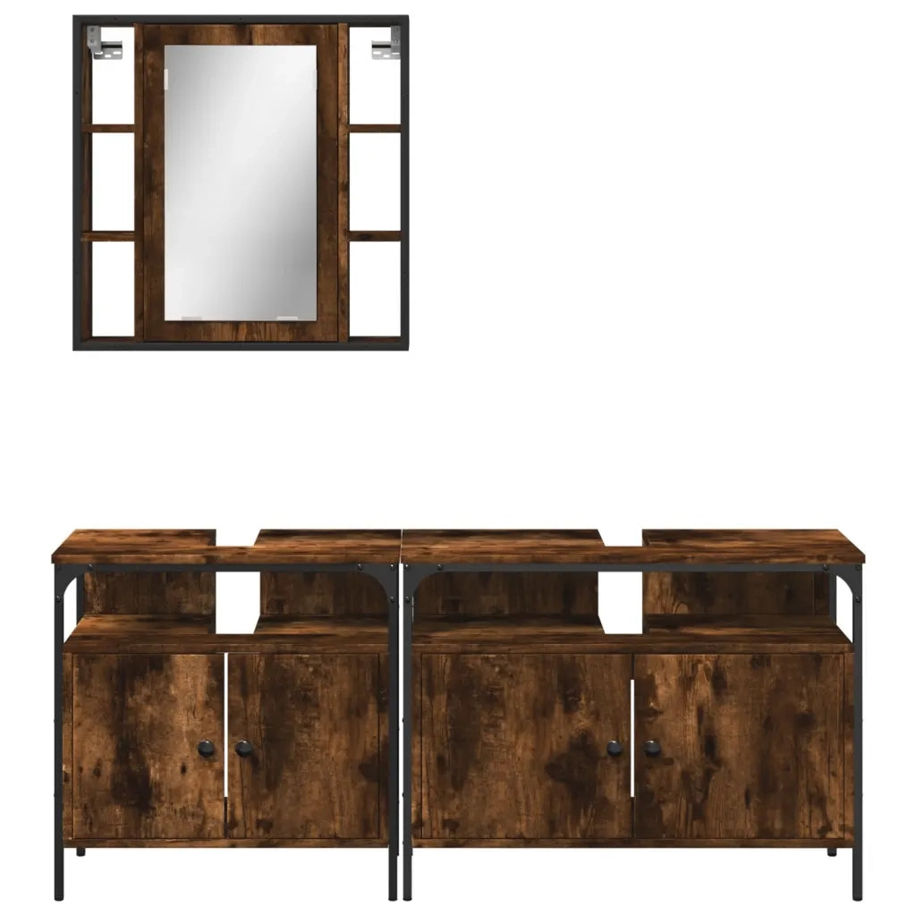 Set Mobili da Bagno | Armadio da bagno 3 pz Rovere Fumo in Legno Multistrato