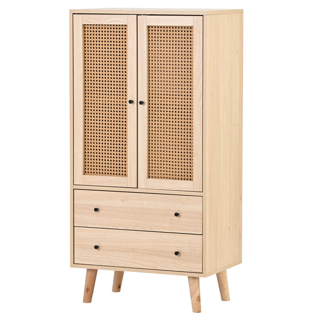 OKWISH Credenza con 2 Ante e 2 Cassetti, Frontali in Rattan, Stile Moderno, per Soggiorno, 60 x 40 x 120 cm, Rovere