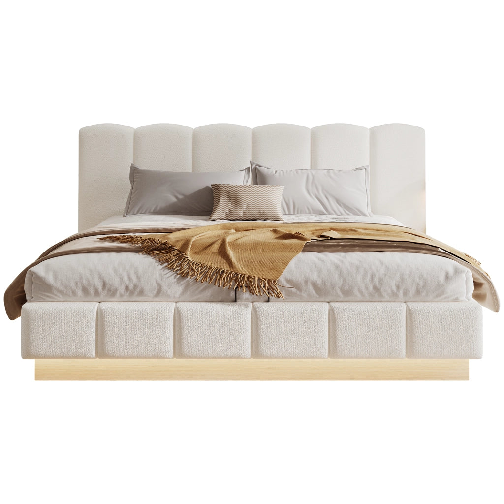 Letto capitonné con illuminazione LED e vano idraulico LEMONMAX; 180x200 cm; testiera imbottita; sommier a doghe; bianco
