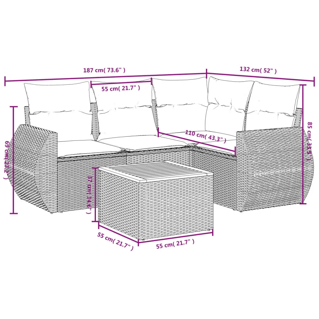 Set Divano da Giardino 5 pz | Set Salotto da Giardino con Cuscini Grigio in Polyrattan