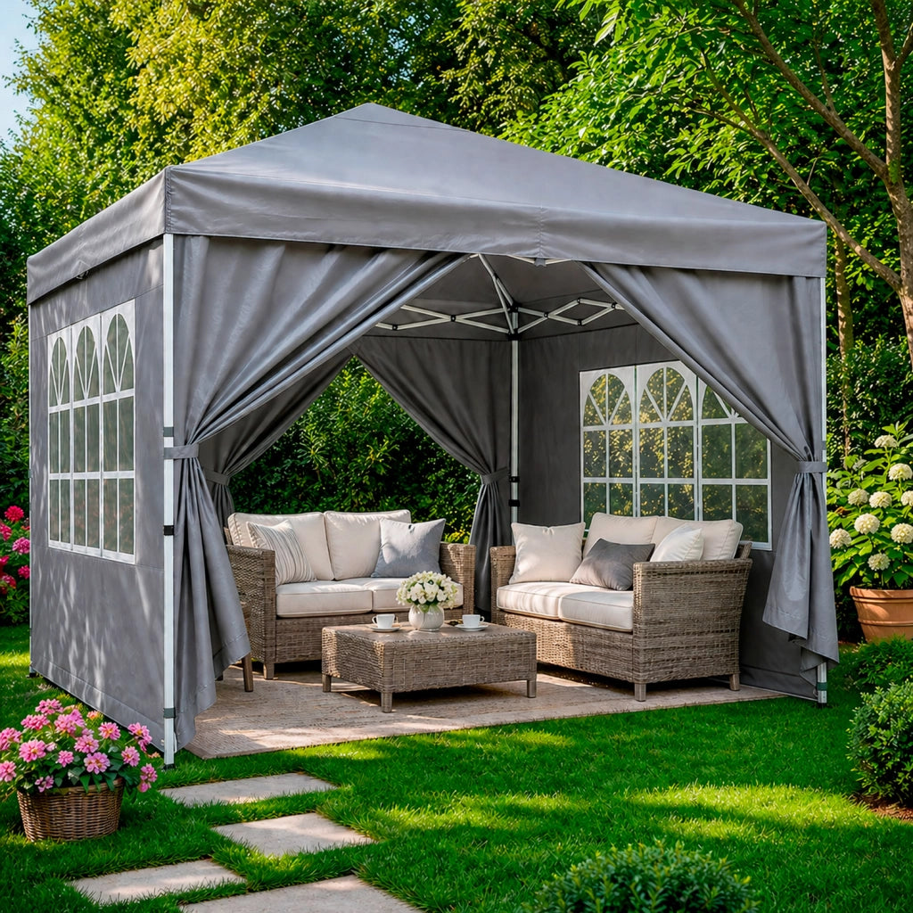 Gazebo Pieghevole Da Giardino Con Pareti Laterali E Finestre Trasparenti Sistema Pop Up Copertura Impermeabile UV50+ Telaio In Acciaio Per Eventi Outdoor 3 x 3 x 2.59 M Grigio