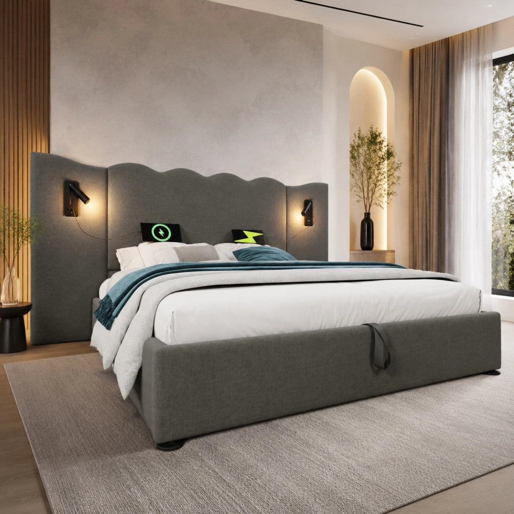 Letto matrimoniale 160x200 in lino grigio con luce da lettura, porte USB/Type-C e contenitore