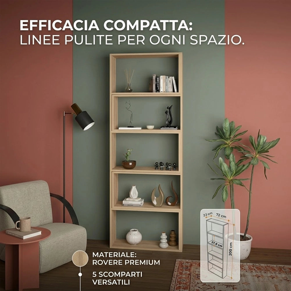 Libreria Modulare Apribile Legno Quercia Scaffale Libri Componibile 72x22x200cm