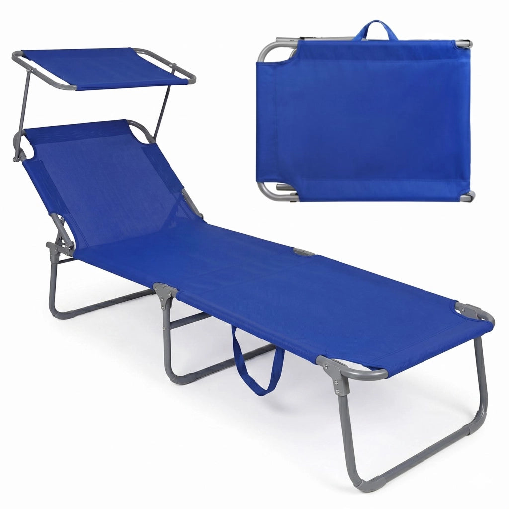 Lettino Pieghevole Gold Sand con Parasole e Poggiatesta, Struttura in Acciaio e Telo PVC 600D per Spiaggia, Giardino e P